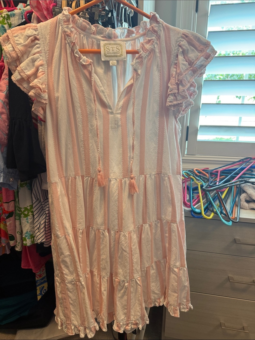 Sail to Sable Pink & White Striped Woman’s' Ruffle Sleeve Dress